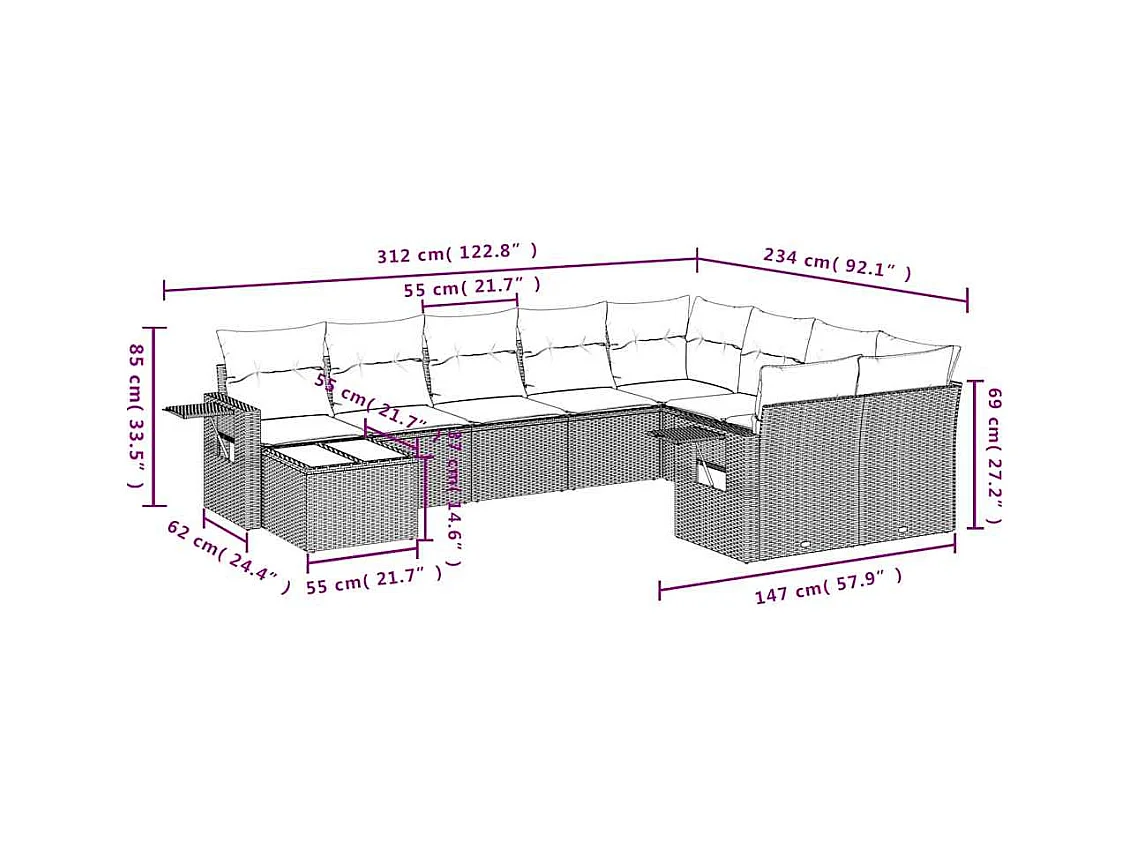 10-delige Loungeset met kussens poly rattan lichtgrijs