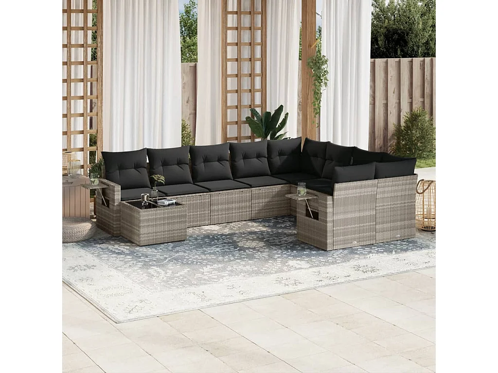 Salon de jardin avec coussins 10 pcs gris clair résine tressée
