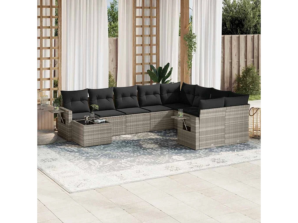 10-delige Loungeset met kussens poly rattan lichtgrijs