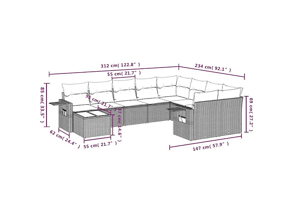 10-delige Loungeset met kussens poly rattan lichtgrijs