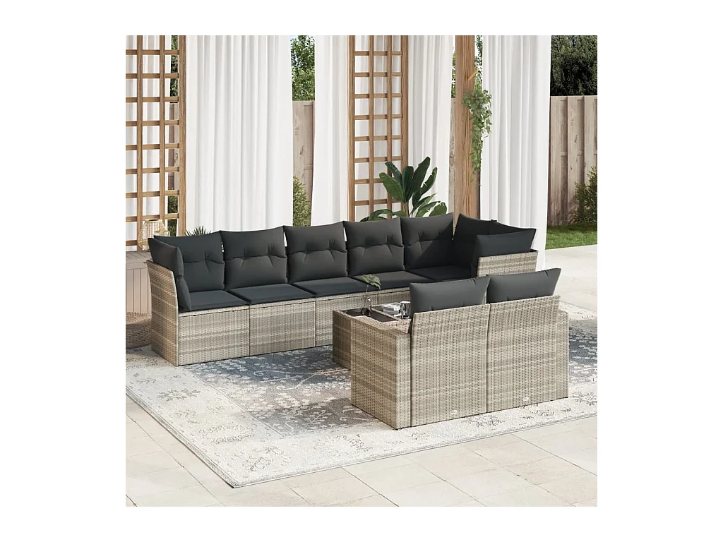 9-tlg. Garten-Sofagarnitur mit Kissen Hellgrau Poly Rattan