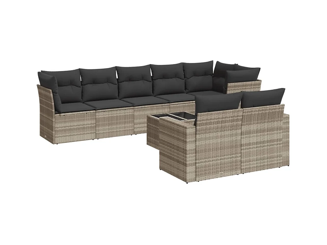 9-tlg. Garten-Sofagarnitur mit Kissen Hellgrau Poly Rattan