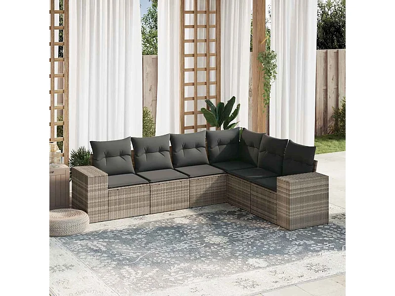 6-tlg. Garten-Sofagarnitur mit Kissen Hellgrau Poly Rattan