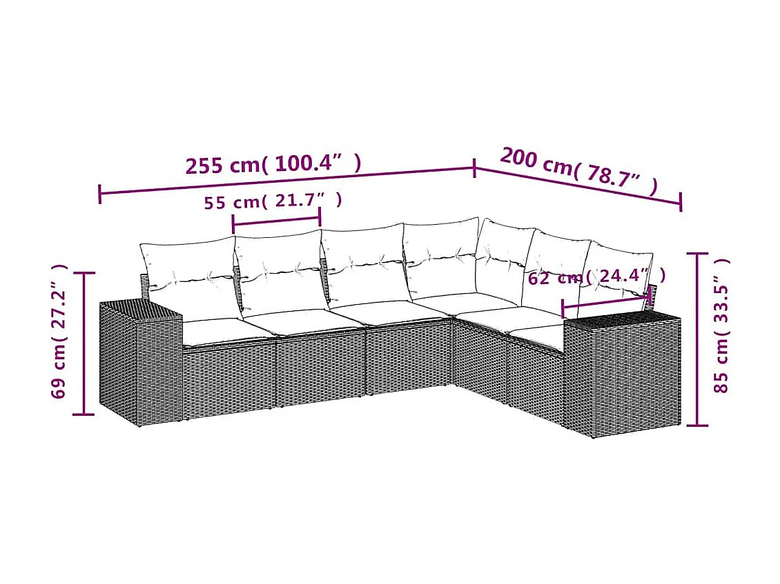 Salon de jardin 6 pcs avec coussins gris clair résine tressée