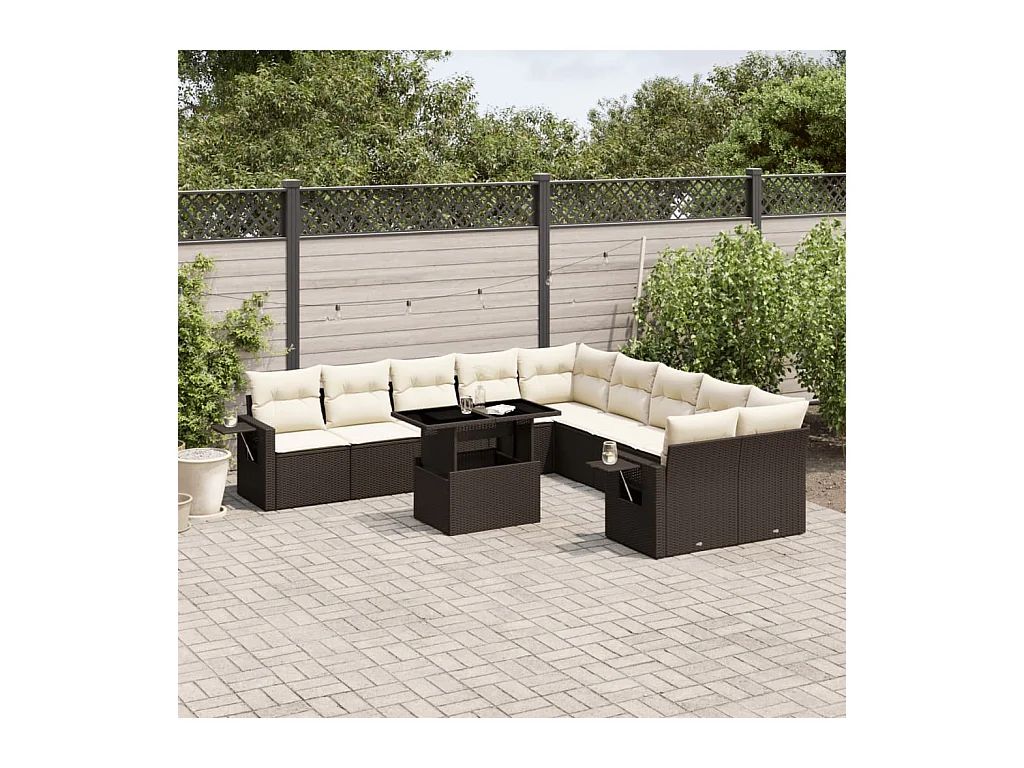 Salon de jardin et coussins 11 pcs marron résine tressée