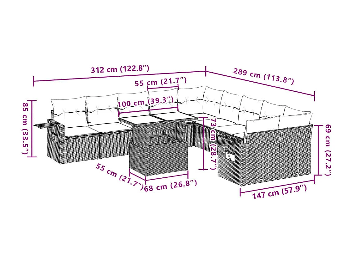 Salon de jardin et coussins 11 pcs marron résine tressée
