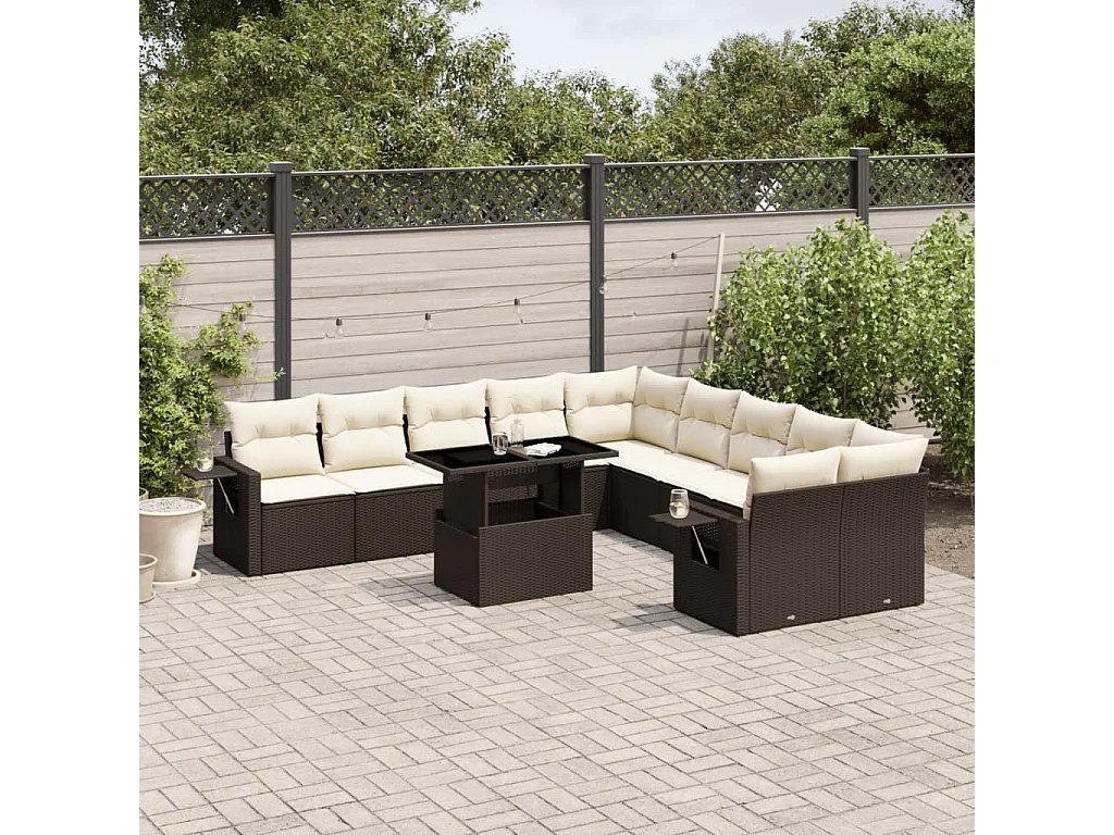 11-tlg. Garten-Sofagarnitur mit Kissen Braun Poly Rattan