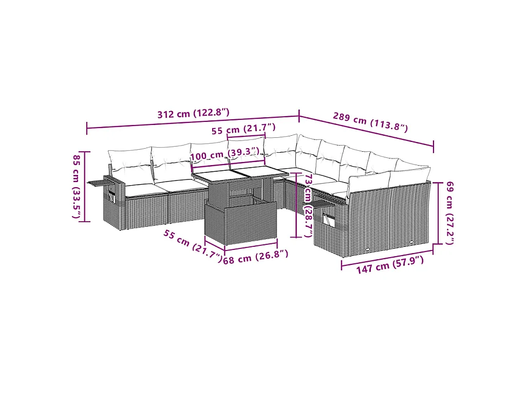 11-tlg. Garten-Sofagarnitur mit Kissen Braun Poly Rattan
