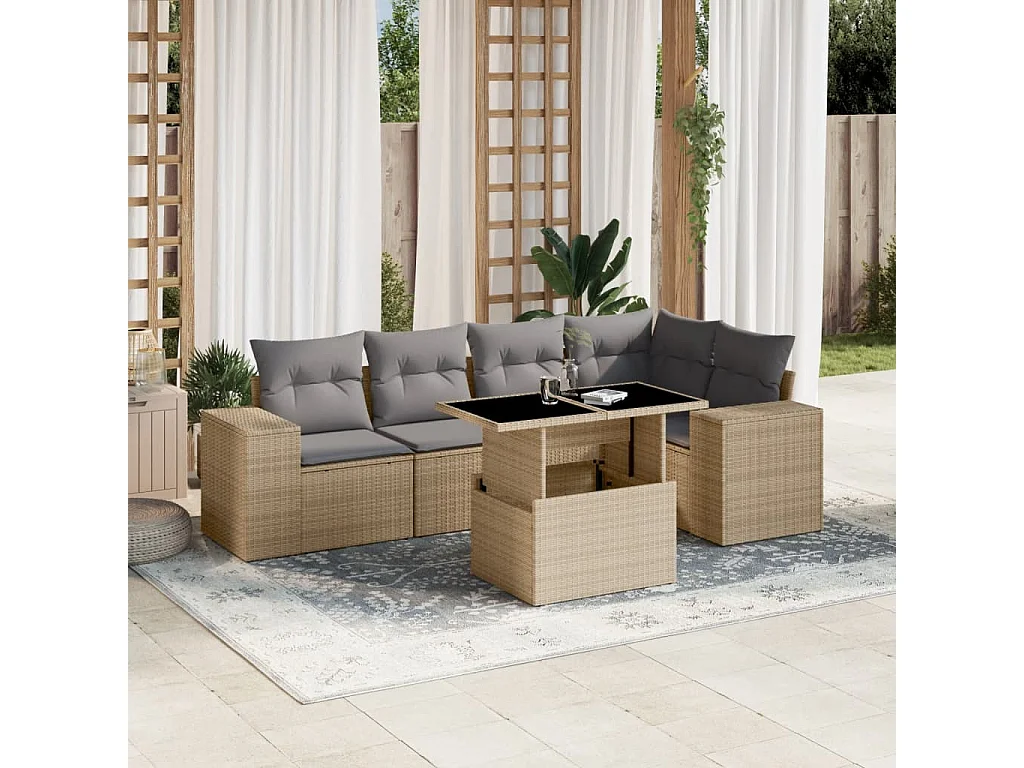 Salon de jardin avec coussins 6 pcs beige résine tressée