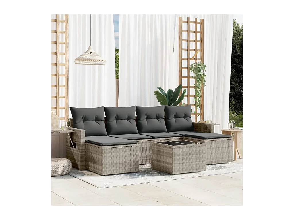 Salon de jardin avec coussins 7 pcs gris clair résine tressée