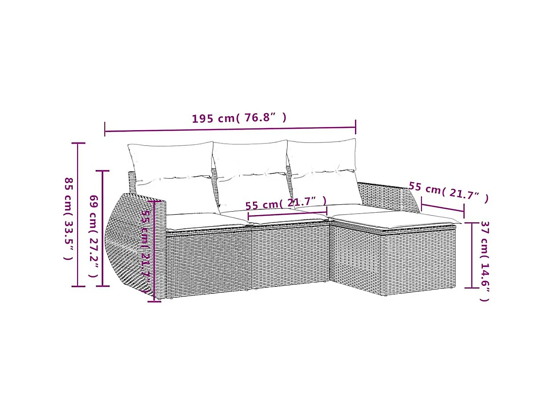 Salon de jardin 4 pcs avec coussins gris clair résine tressée
