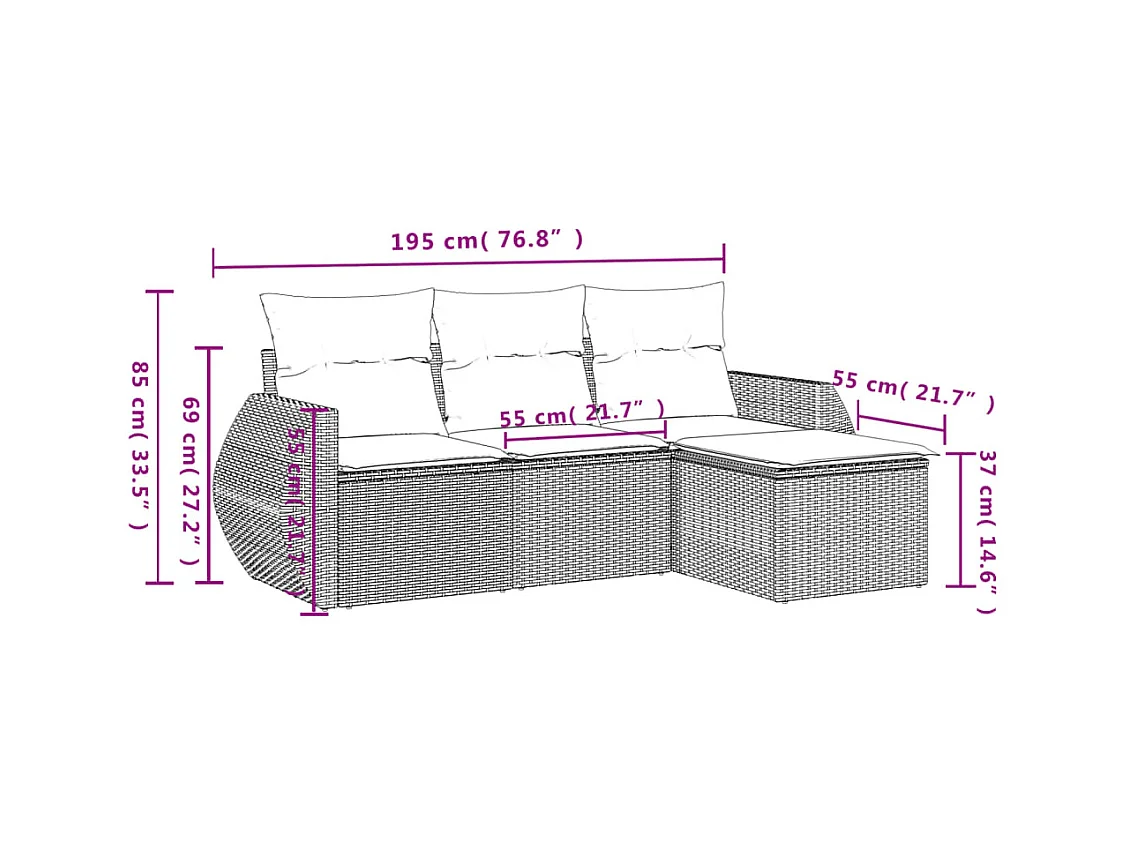 Salon de jardin 4 pcs avec coussins gris clair résine tressée