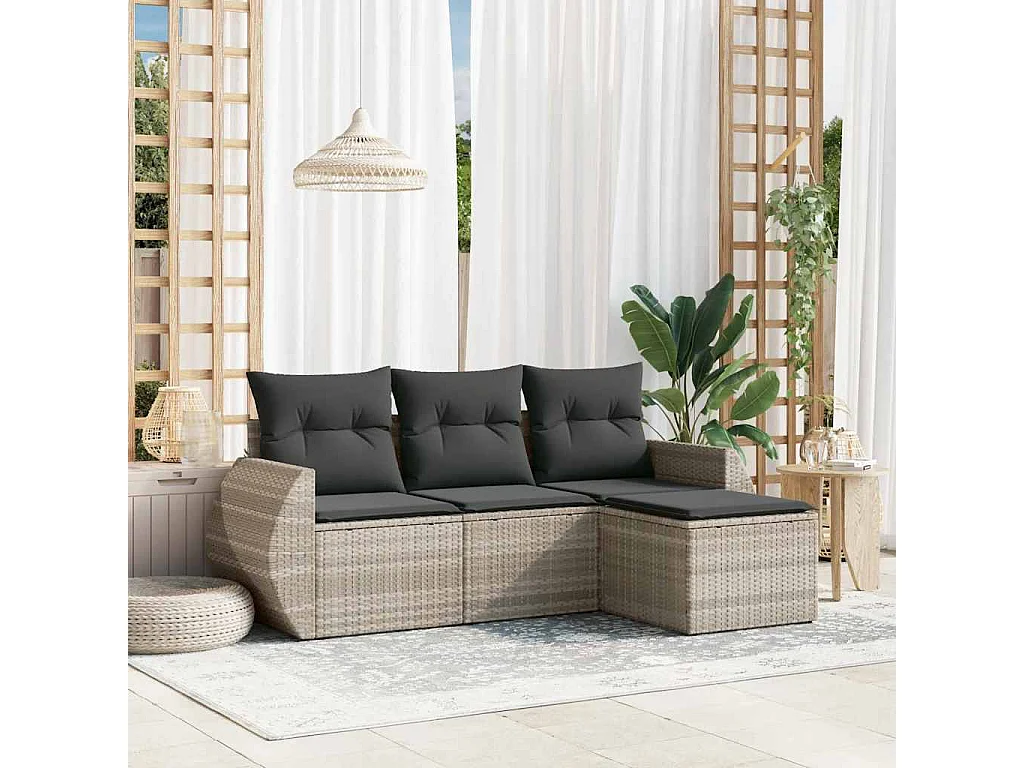 4-delige Loungeset met kussens poly rattan lichtgrijs