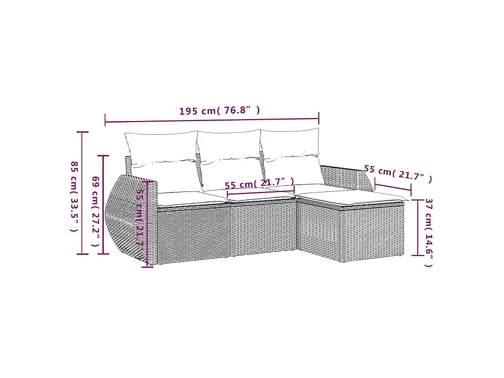 4-delige Loungeset met kussens poly rattan lichtgrijs