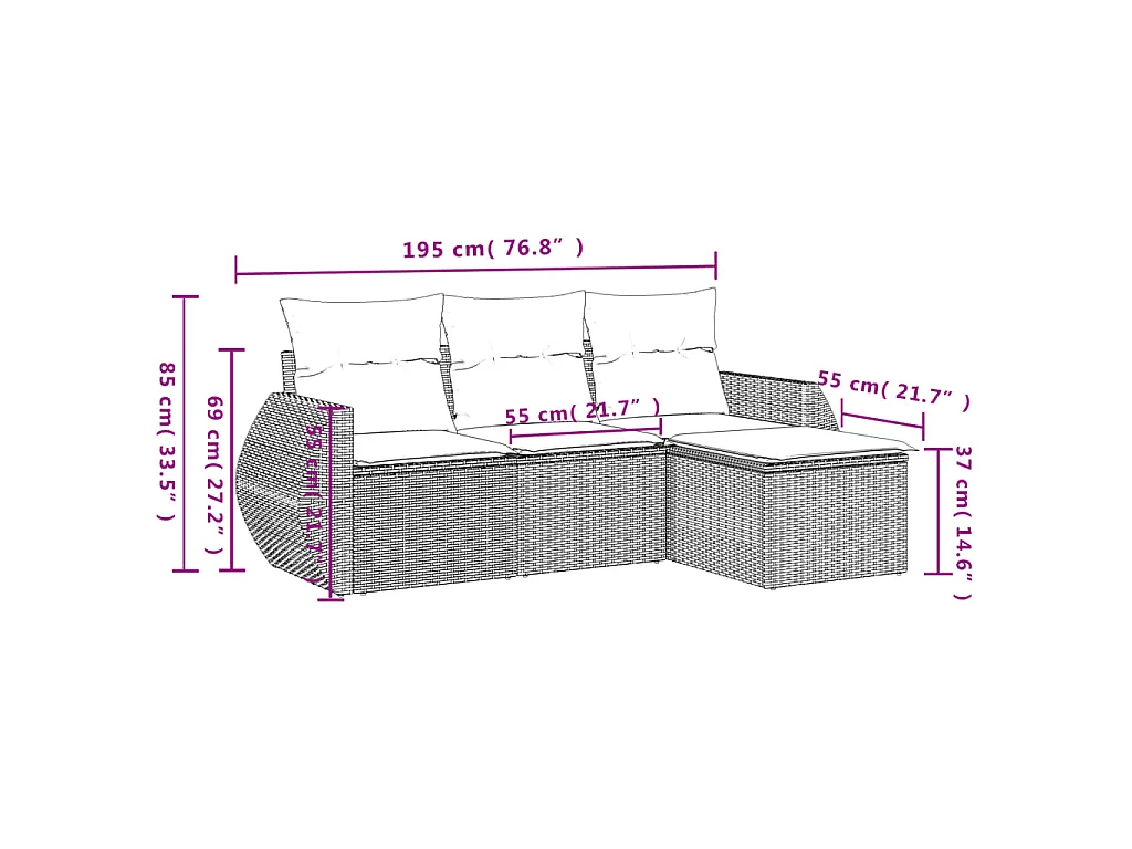 4-delige Loungeset met kussens poly rattan lichtgrijs