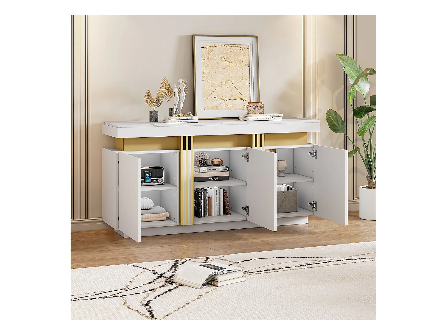 Buffet moderne - 140 x 38 x 70 cm - avec 3 portes + séparateurs réglables - aggloméré - blanc