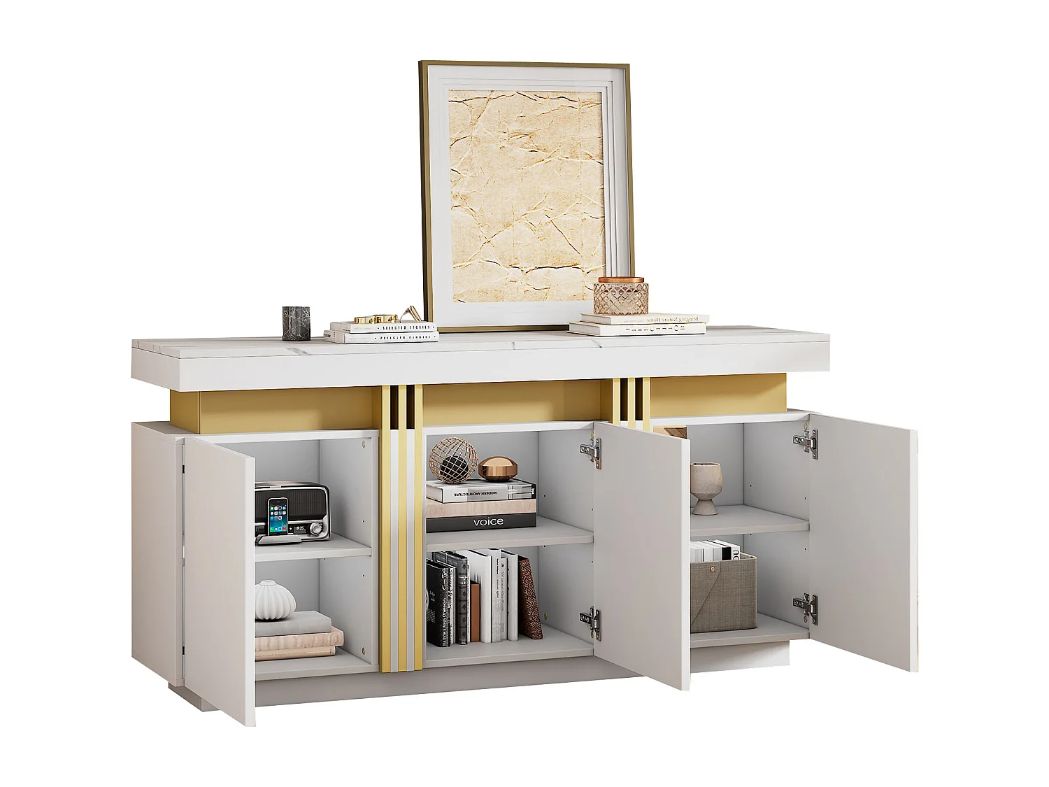 Buffet moderne - 140 x 38 x 70 cm - avec 3 portes + séparateurs réglables - aggloméré - blanc