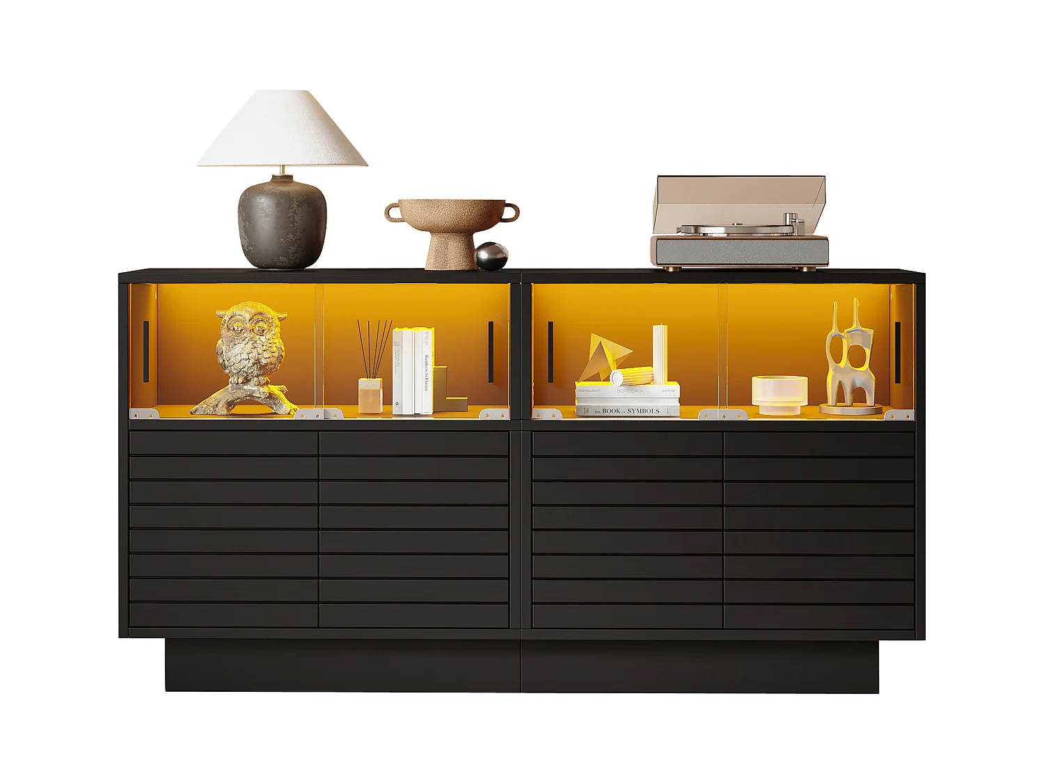 Buffet moderne - 130 x 35 x 68 cm - avec 4 rangements + 2 portes vitrées + Leds - Aggloméré + verre trempé - noir