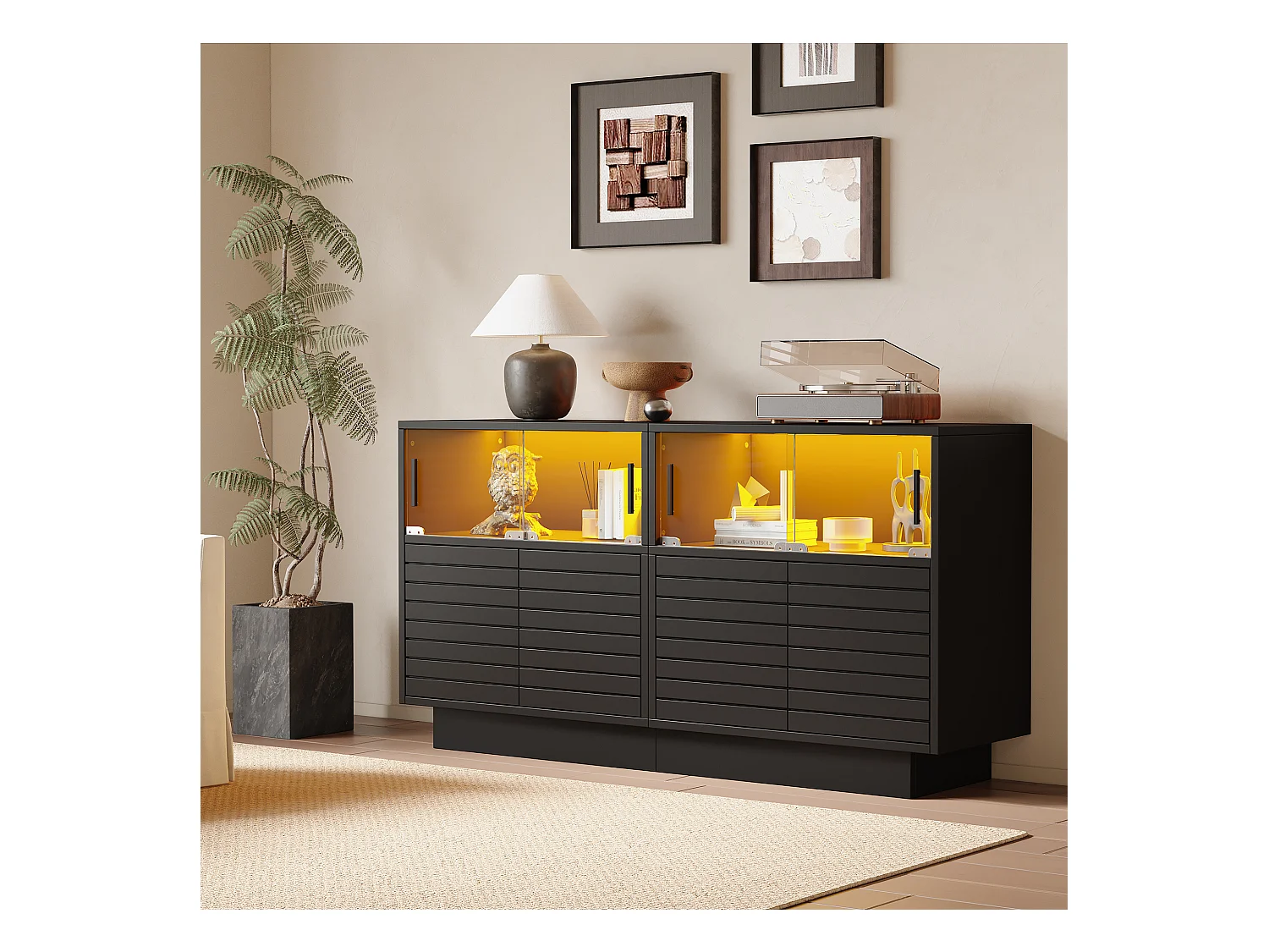 Buffet moderne - 130 x 35 x 68 cm - avec 4 rangements + 2 portes vitrées + Leds - Aggloméré + verre trempé - noir