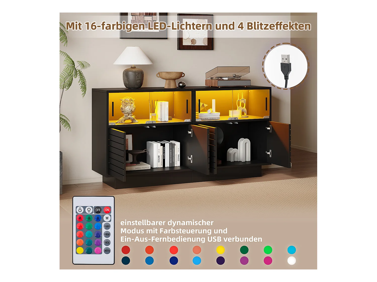 Buffet moderne - 130 x 35 x 68 cm - avec 4 rangements + 2 portes vitrées + Leds - Aggloméré + verre trempé - noir