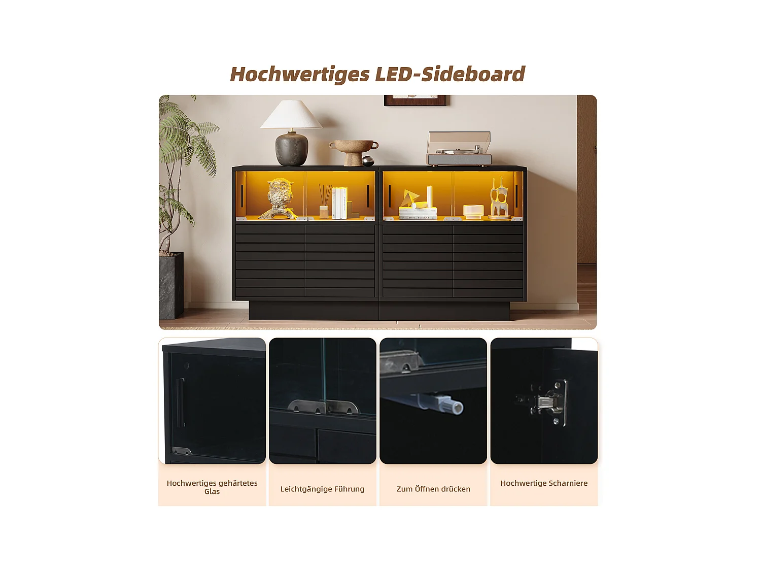 Buffet moderne - 130 x 35 x 68 cm - avec 4 rangements + 2 portes vitrées + Leds - Aggloméré + verre trempé - noir