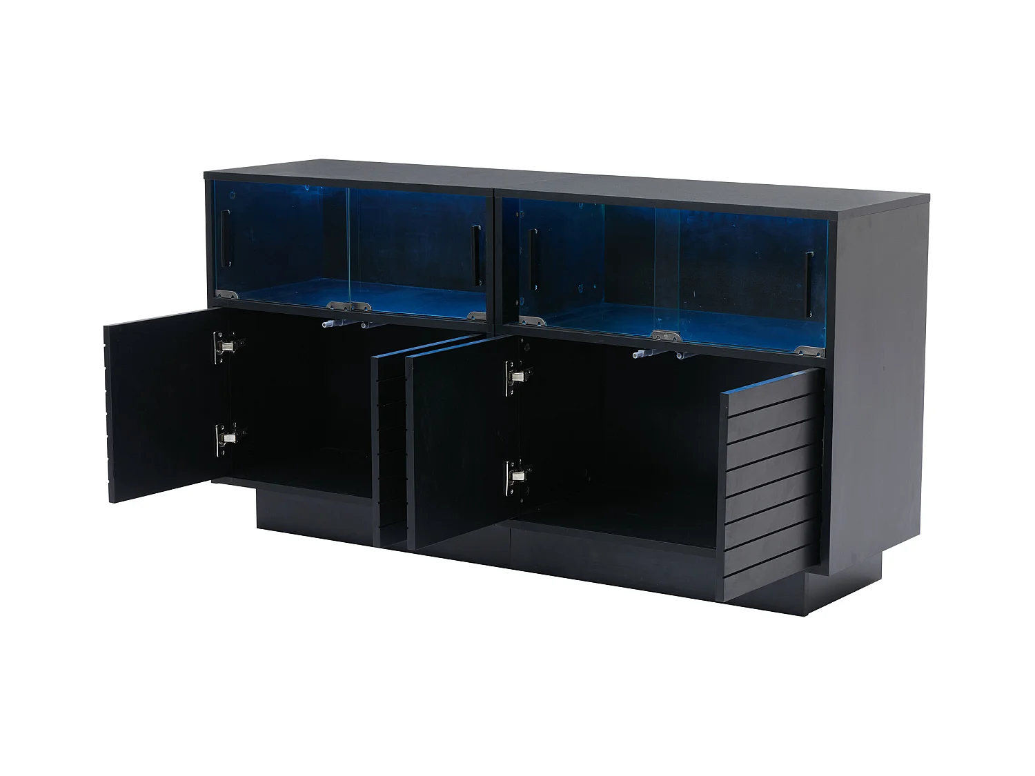 Buffet moderne - 130 x 35 x 68 cm - avec 4 rangements + 2 portes vitrées + Leds - Aggloméré + verre trempé - noir