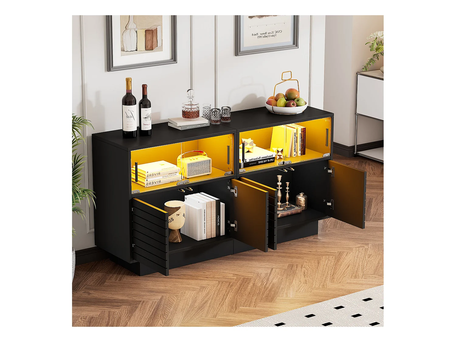 Buffet moderne - 130 x 35 x 68 cm - avec 4 rangements + 2 portes vitrées + Leds - Aggloméré + verre trempé - noir