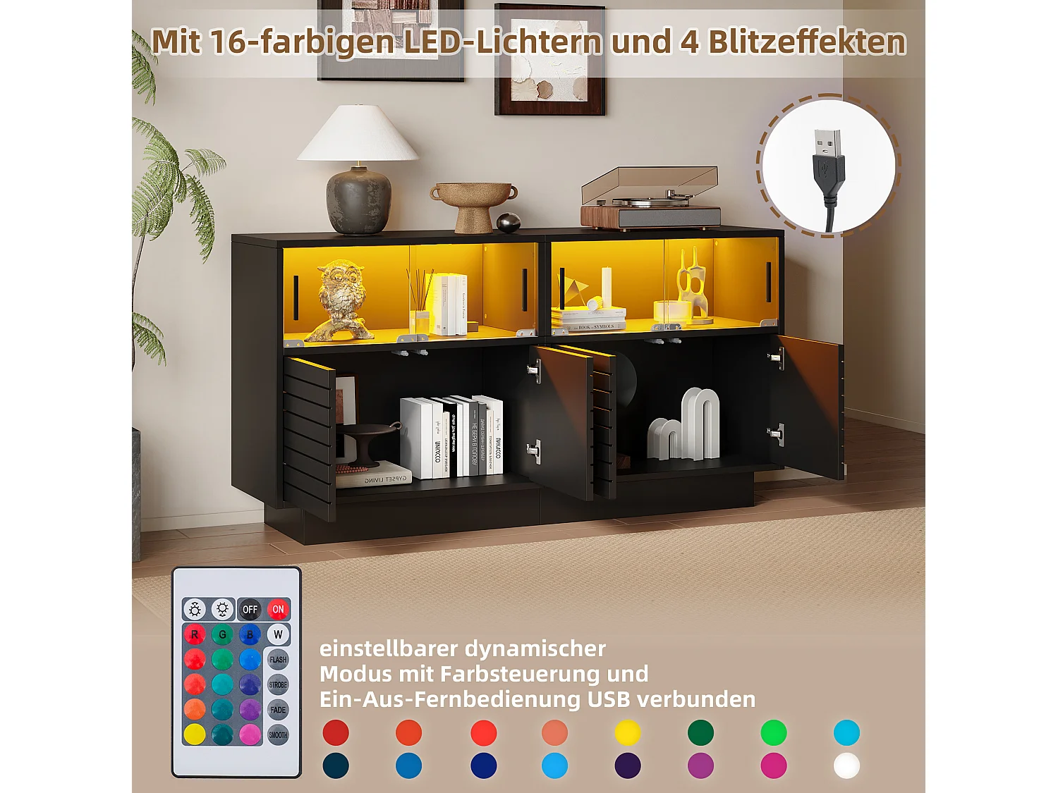 Nowoczesny kredens - 130 x 35 x 68 cm - z 4 schowkami + 2 drzwi szklane + diody LED - Płyta wiórowa + szkło hartowane - czarny