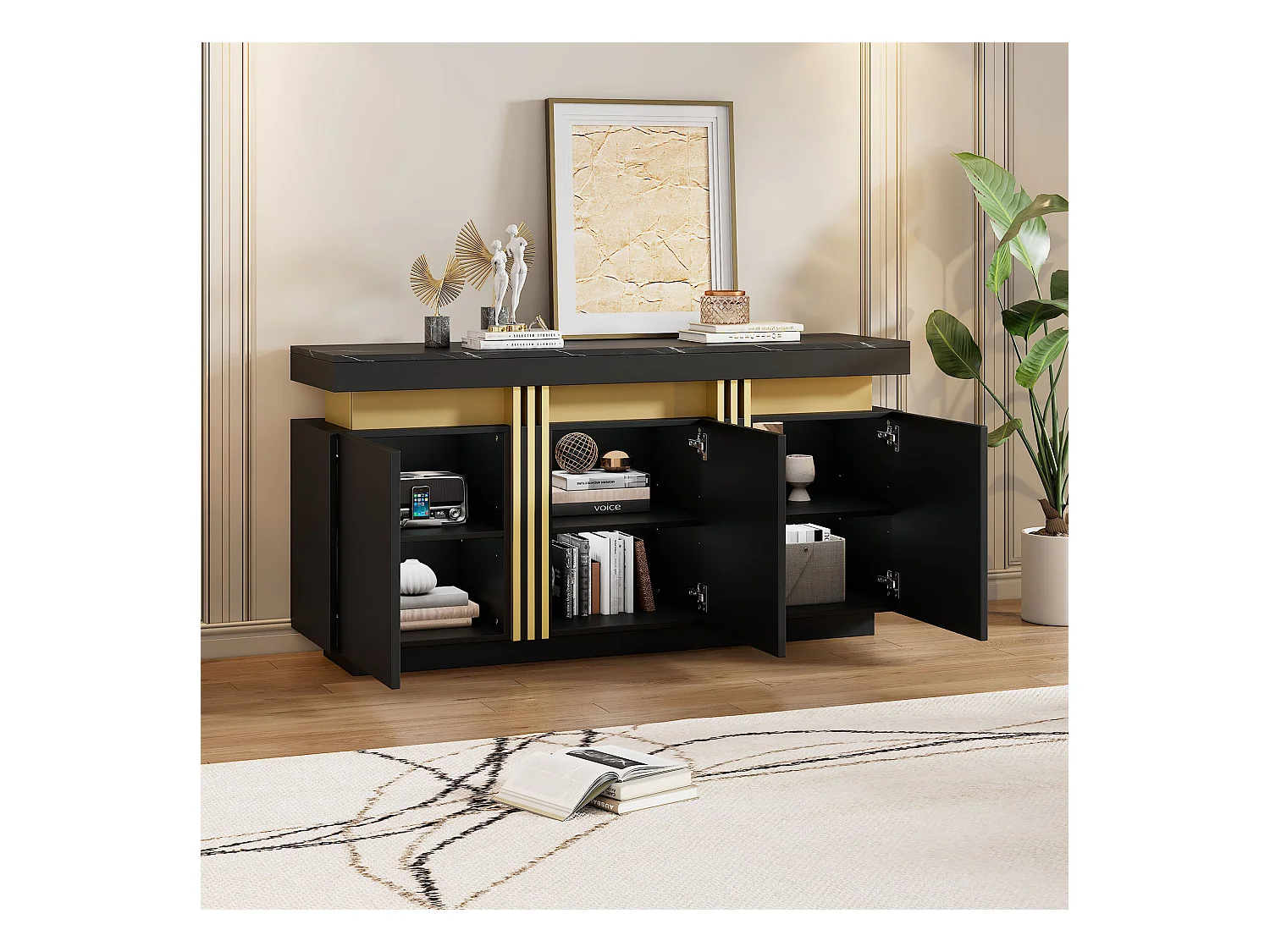 Modernes Sideboard - 140 x 38 x 70 cm - mit 3 Türen + verstellbaren Trennwänden - Spanplatte - Schwarz