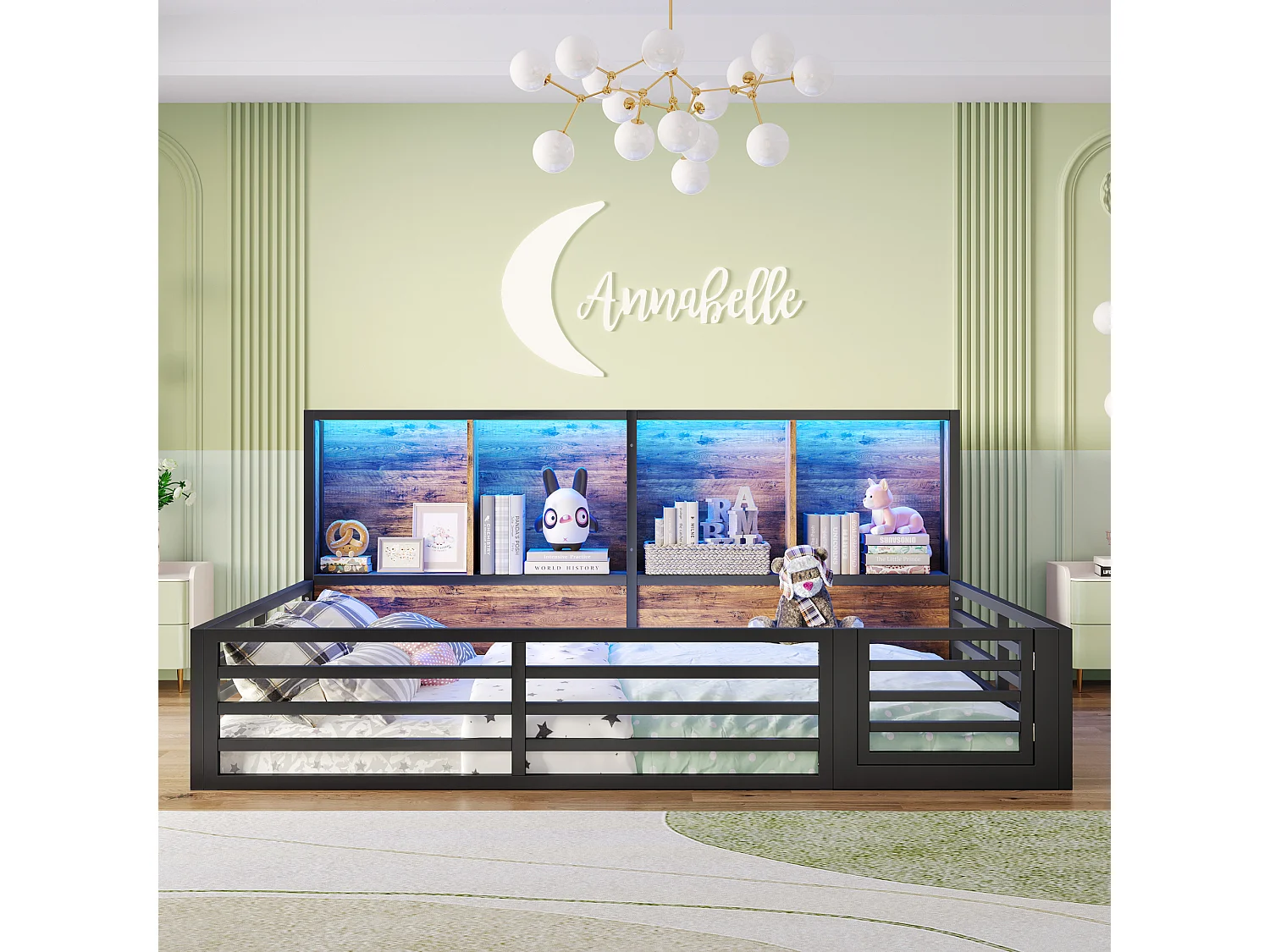 Kinderbett mit Schutzgitter – 140 x 200 cm – Nachttisch mit Stauraum – mit Lattenrost – MDF + Metall – schwarz