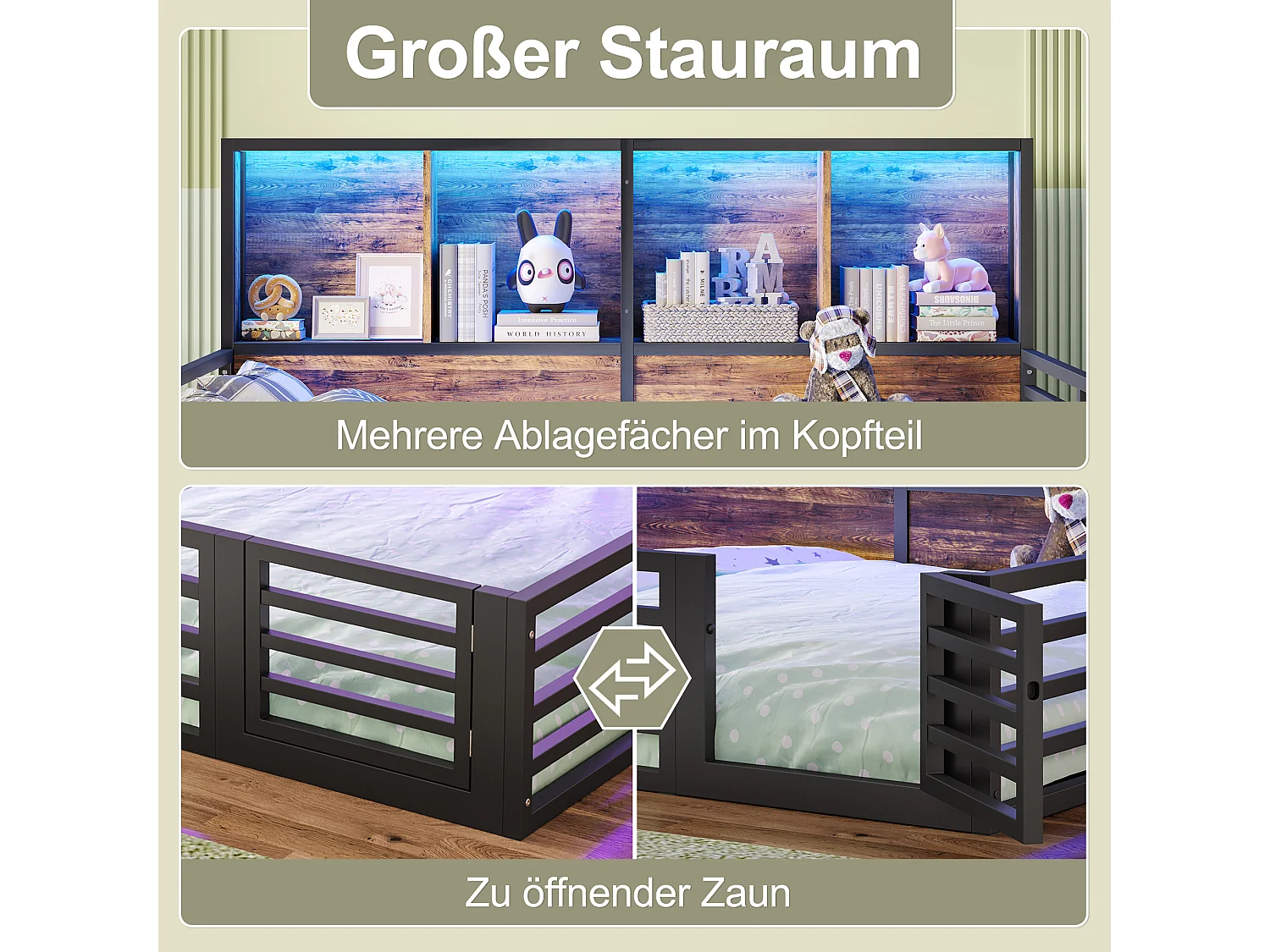 Kinderbett mit Schutzgitter – 140 x 200 cm – Nachttisch mit Stauraum – mit Lattenrost – MDF + Metall – schwarz