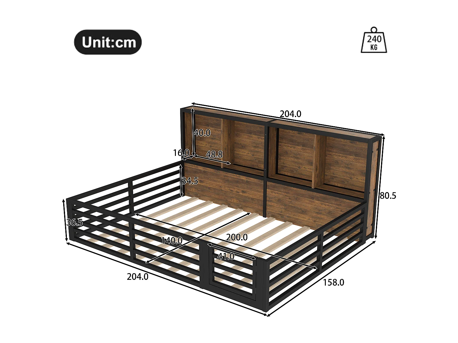 Cama infantil com grade de proteção - 140 x 200 cm - mesa de cabeceira com arrumação - com base ripada - MDF + metal - preta