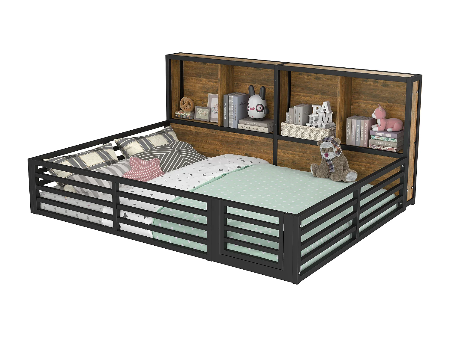 Cama infantil com grade de proteção - 140 x 200 cm - mesa de cabeceira com arrumação - com base ripada - MDF + metal - preta