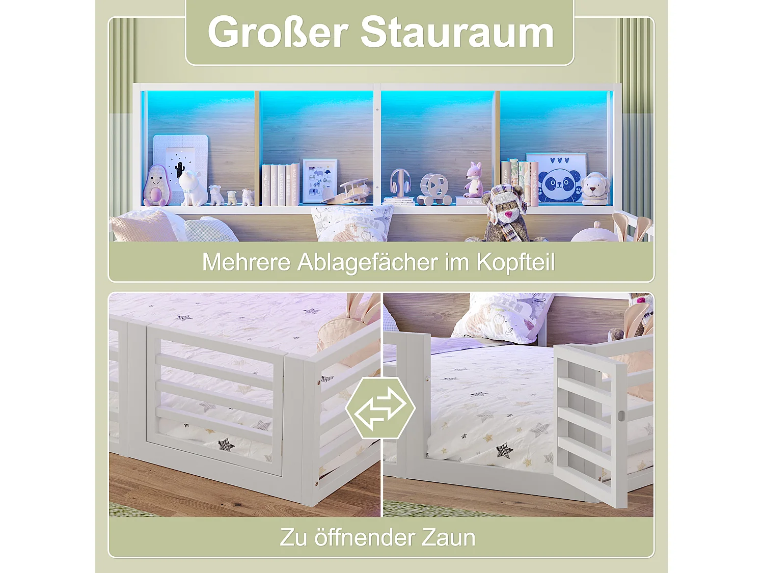 Lit barrière pour enfant - 140 x 200 cm - chevet avec rangements - avec sommier à lattes - MDF + métal - blanc