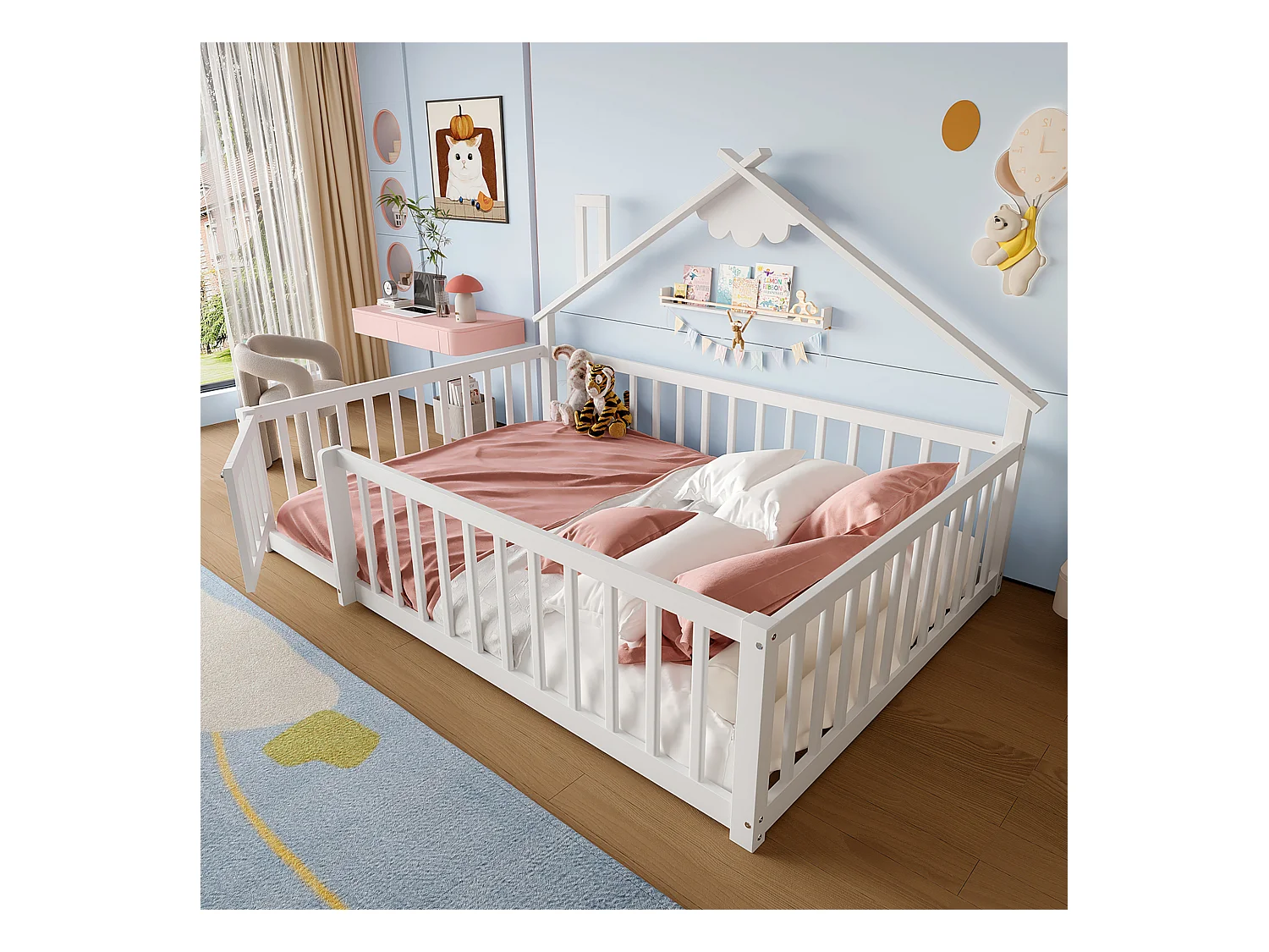 Lit plat pour enfant - 140 x 190 cm - barrière de sécurité avec serrure - Pin + MDF - blanc