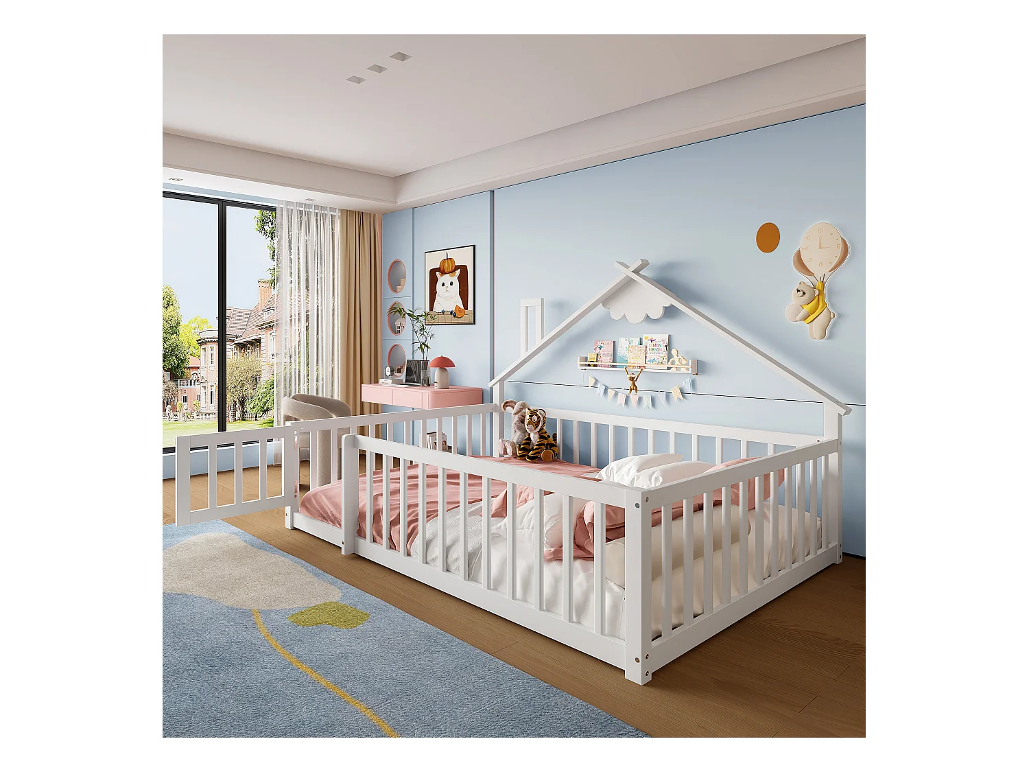 Lit plat pour enfant - 140 x 190 cm - barrière de sécurité avec serrure - Pin + MDF - blanc