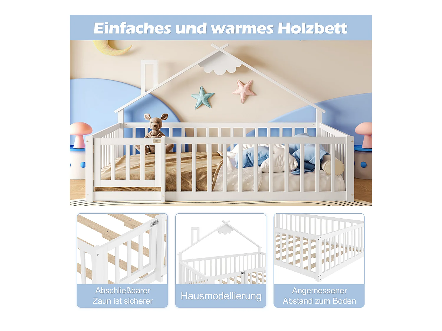 Lit plat pour enfant - 140 x 190 cm - barrière de sécurité avec serrure - Pin + MDF - blanc