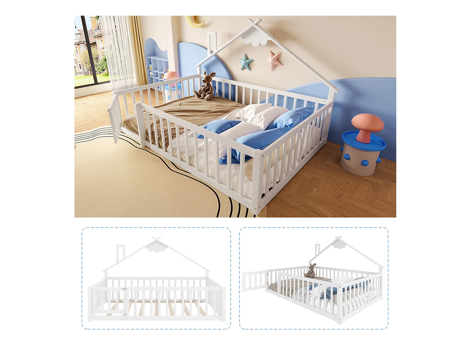 Kinder-Flachbett - 140 x 190 cm - Sicherheitsgitter mit Schloss - Kiefer + MDF - weiß