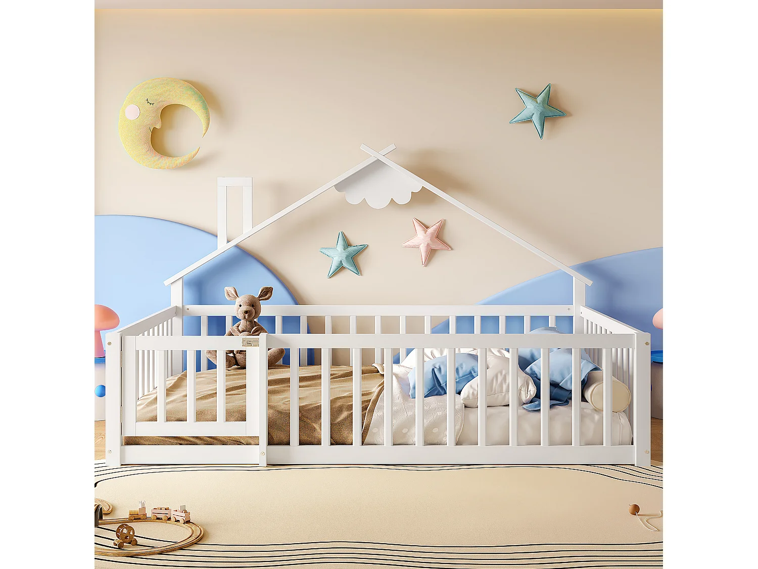 Kinder-Flachbett - 140 x 190 cm - Sicherheitsgitter mit Schloss - Kiefer + MDF - weiß