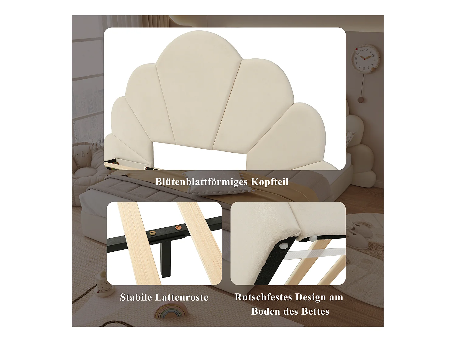 Lit simple rembourré enfant - 140 x 200 cm - tête de lit à pétales incurvésne - velours - beige