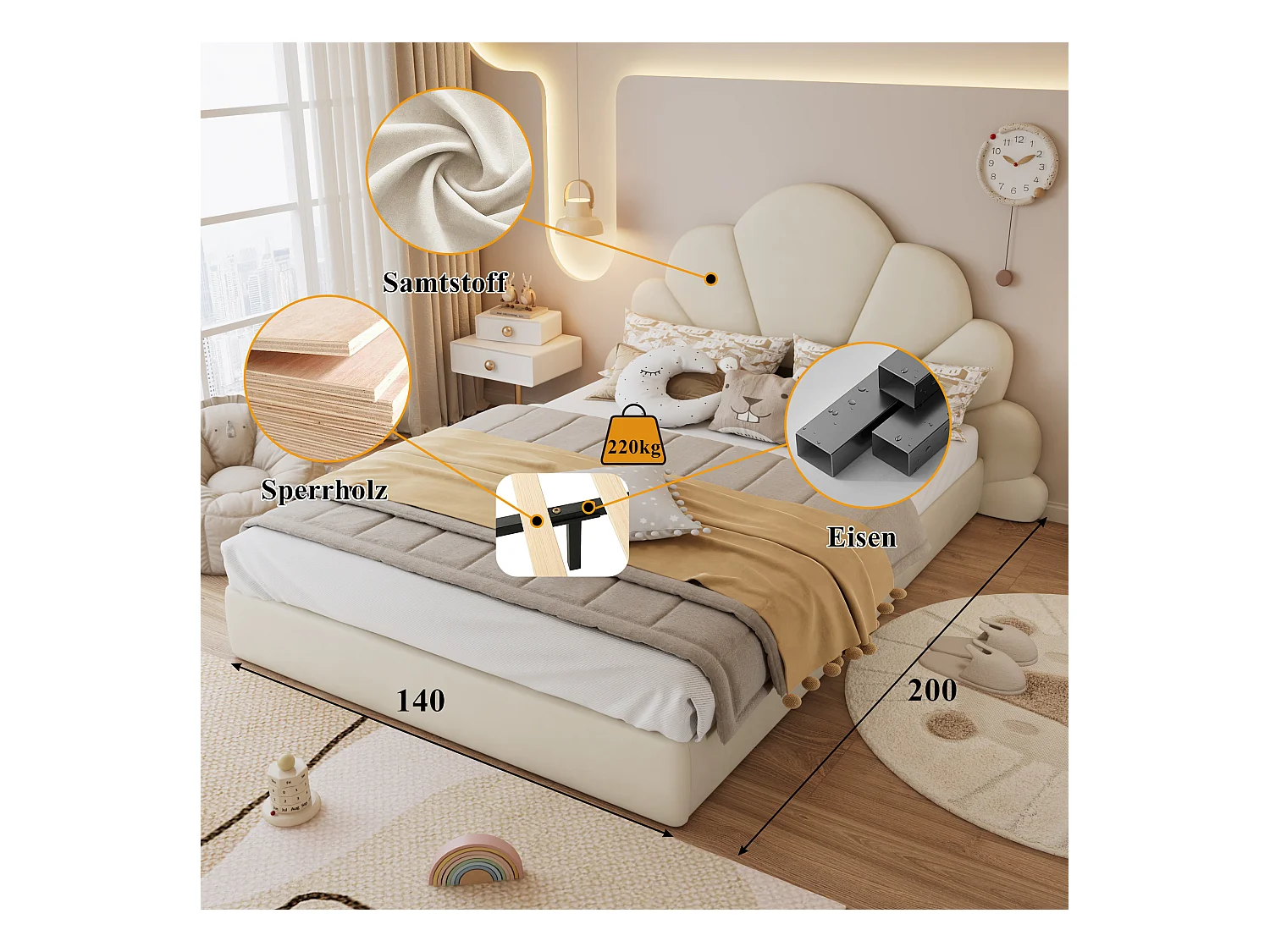 Lit simple rembourré enfant - 140 x 200 cm - tête de lit à pétales incurvésne - velours - beige