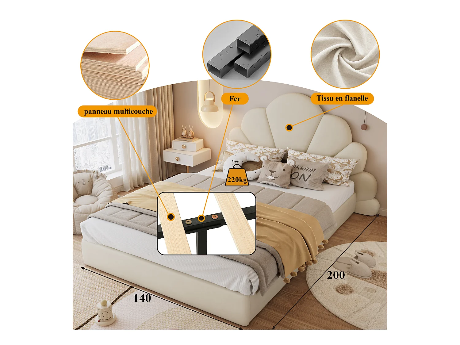 Lit simple rembourré enfant - 140 x 200 cm - tête de lit à pétales incurvésne - velours - beige