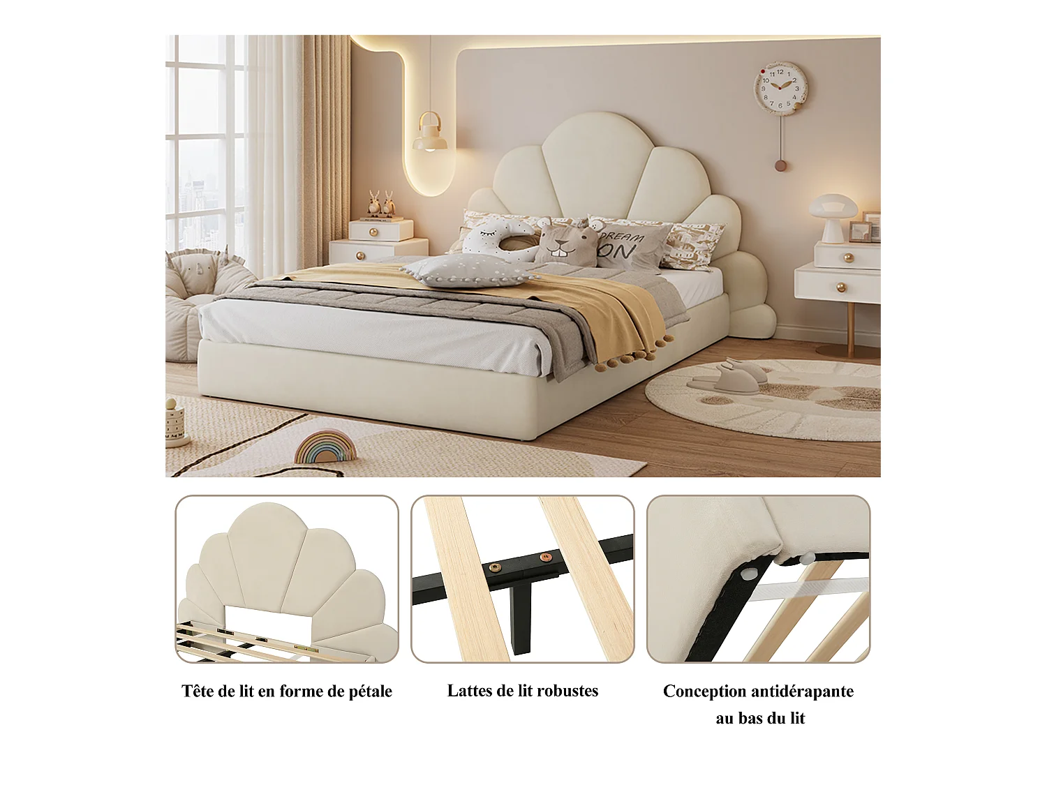 Lit simple rembourré enfant - 140 x 200 cm - tête de lit à pétales incurvésne - velours - beige