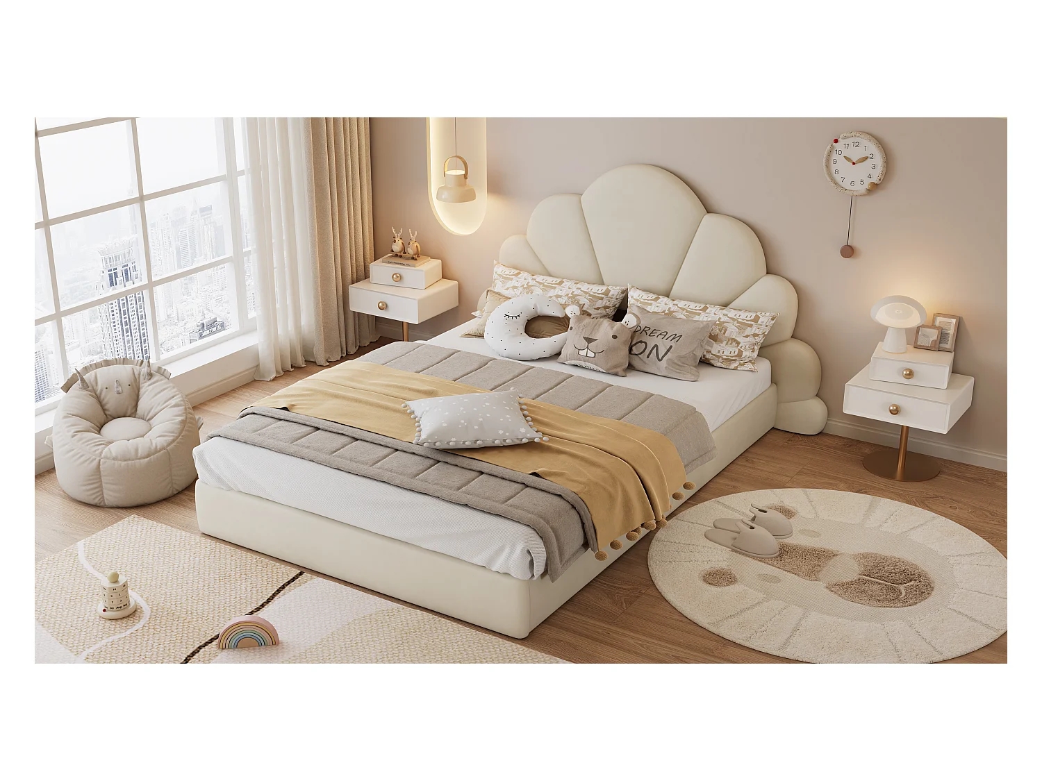 Lit simple rembourré enfant - 140 x 200 cm - tête de lit à pétales incurvésne - velours - beige