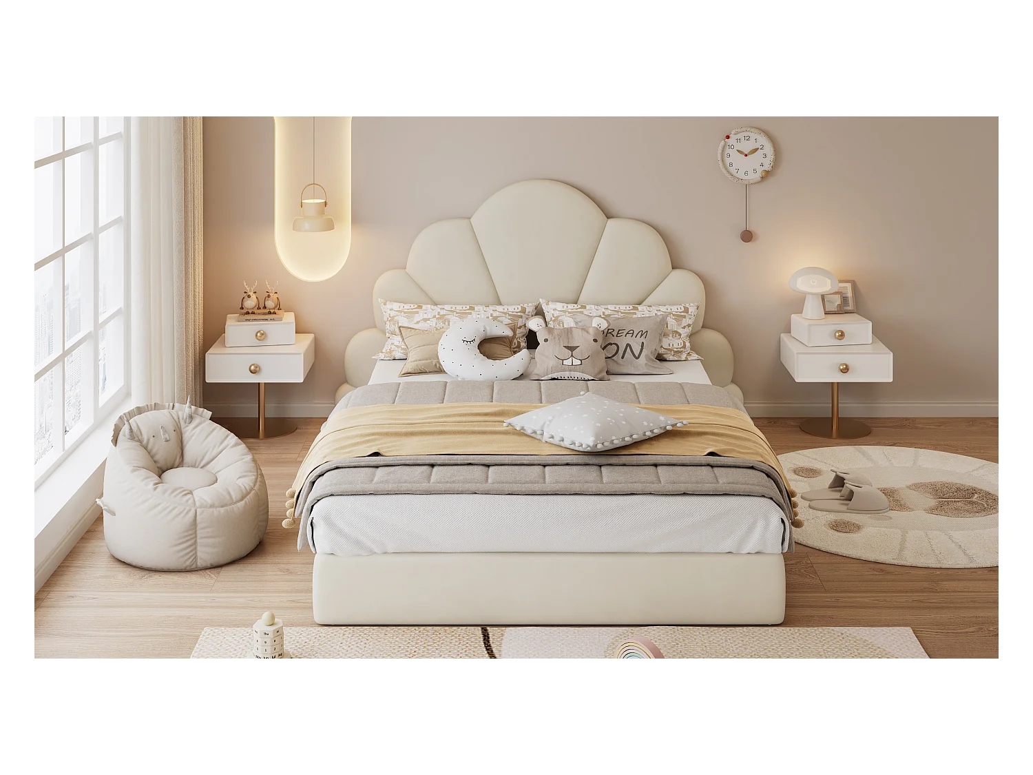 Lit simple rembourré enfant - 140 x 200 cm - tête de lit à pétales incurvésne - velours - beige