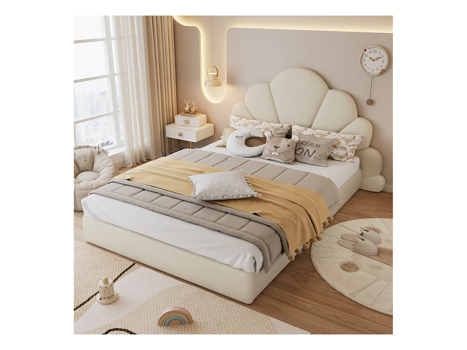 Kinder-Einzelbett, gepolstert, 140 x 200 cm, geschwungenes Blütenblatt-Kopfteil, Samt, Beige