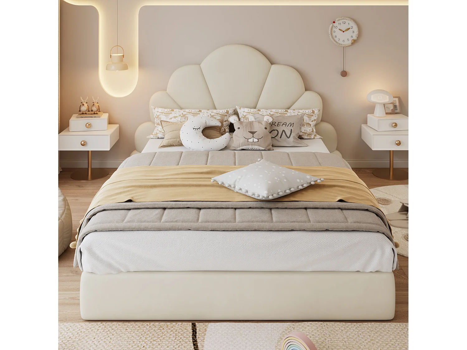 Kinder-Einzelbett, gepolstert, 140 x 200 cm, geschwungenes Blütenblatt-Kopfteil, Samt, Beige