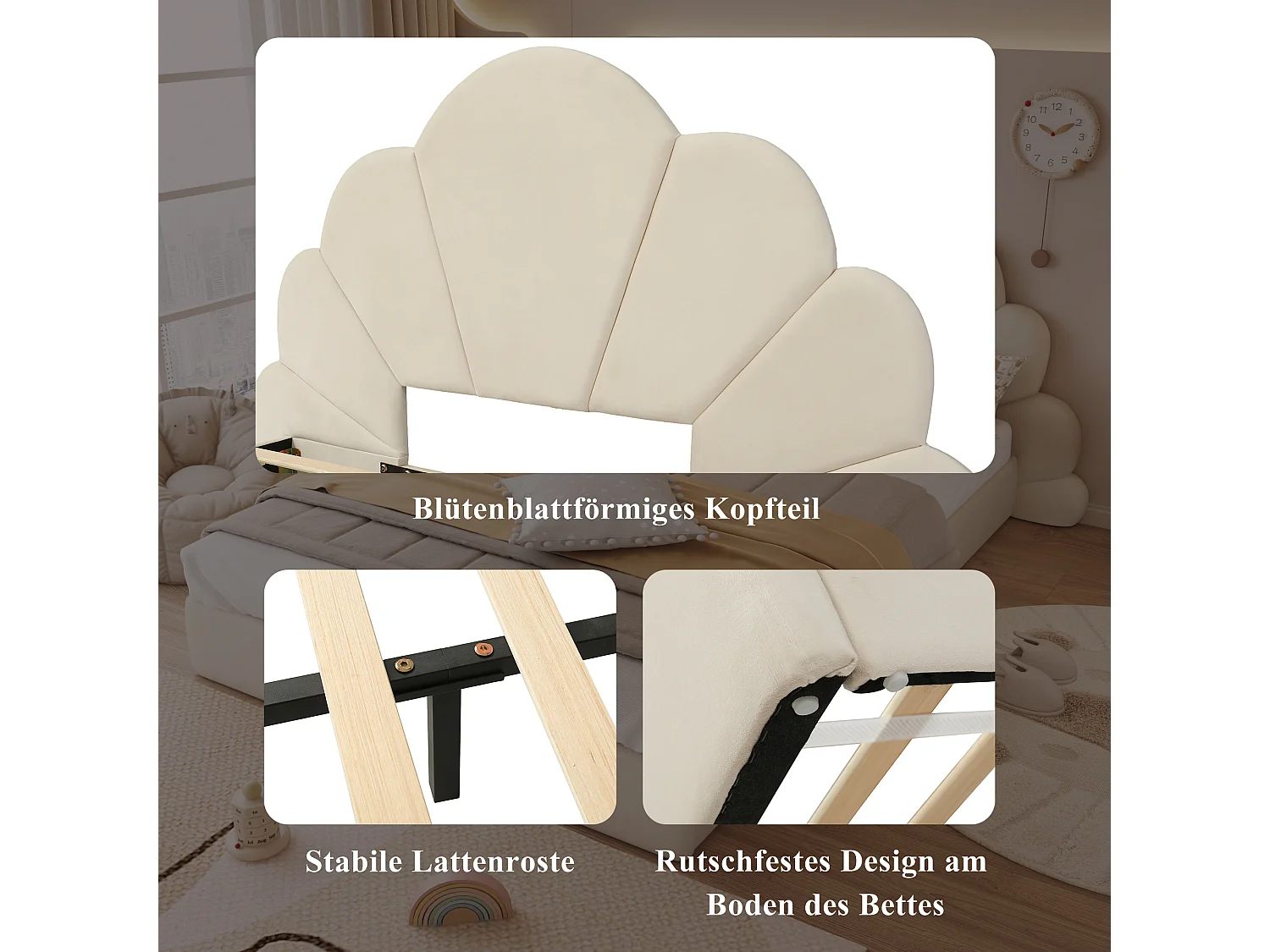 Kinder-Einzelbett, gepolstert, 140 x 200 cm, geschwungenes Blütenblatt-Kopfteil, Samt, Beige