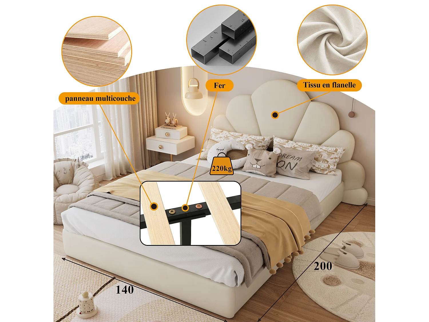 Kinder-Einzelbett, gepolstert, 140 x 200 cm, geschwungenes Blütenblatt-Kopfteil, Samt, Beige