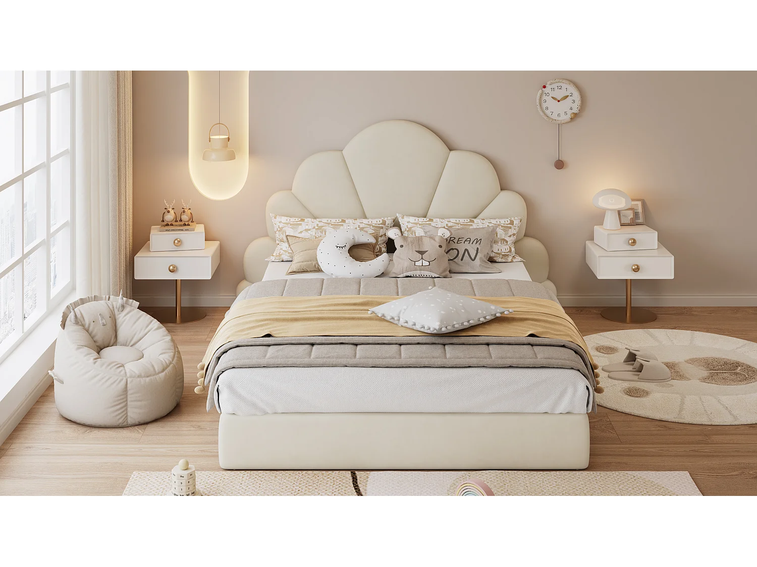 Kinder-Einzelbett, gepolstert, 140 x 200 cm, geschwungenes Blütenblatt-Kopfteil, Samt, Beige